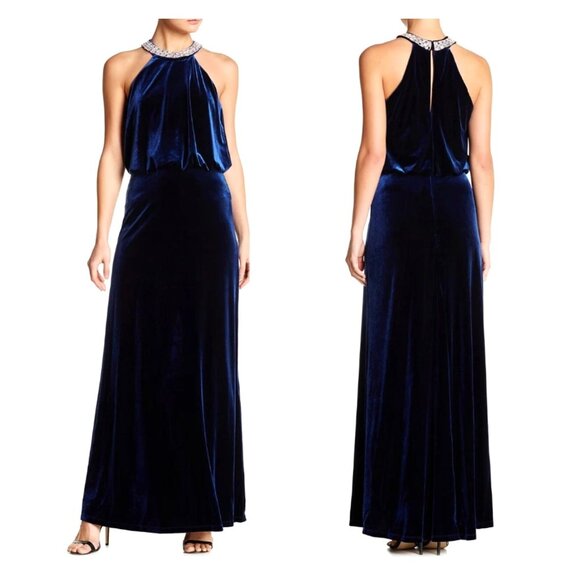 Marina Midnight Blue Velvet Blouson Embellished Long Gown Size 16W 1X Dress Plus - Picture 1 of 9